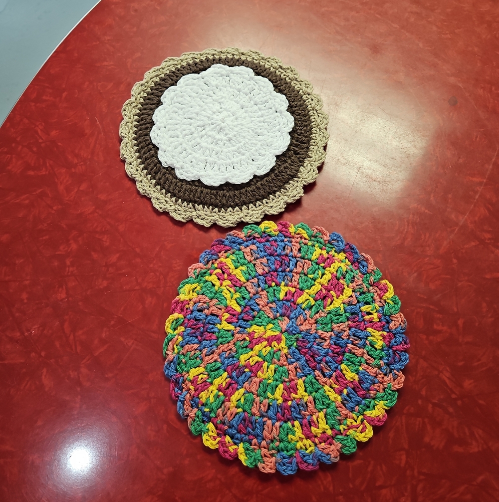 Handmade Crochet Kitchen Pot Holders - Set Chocolate Pie And Multibright